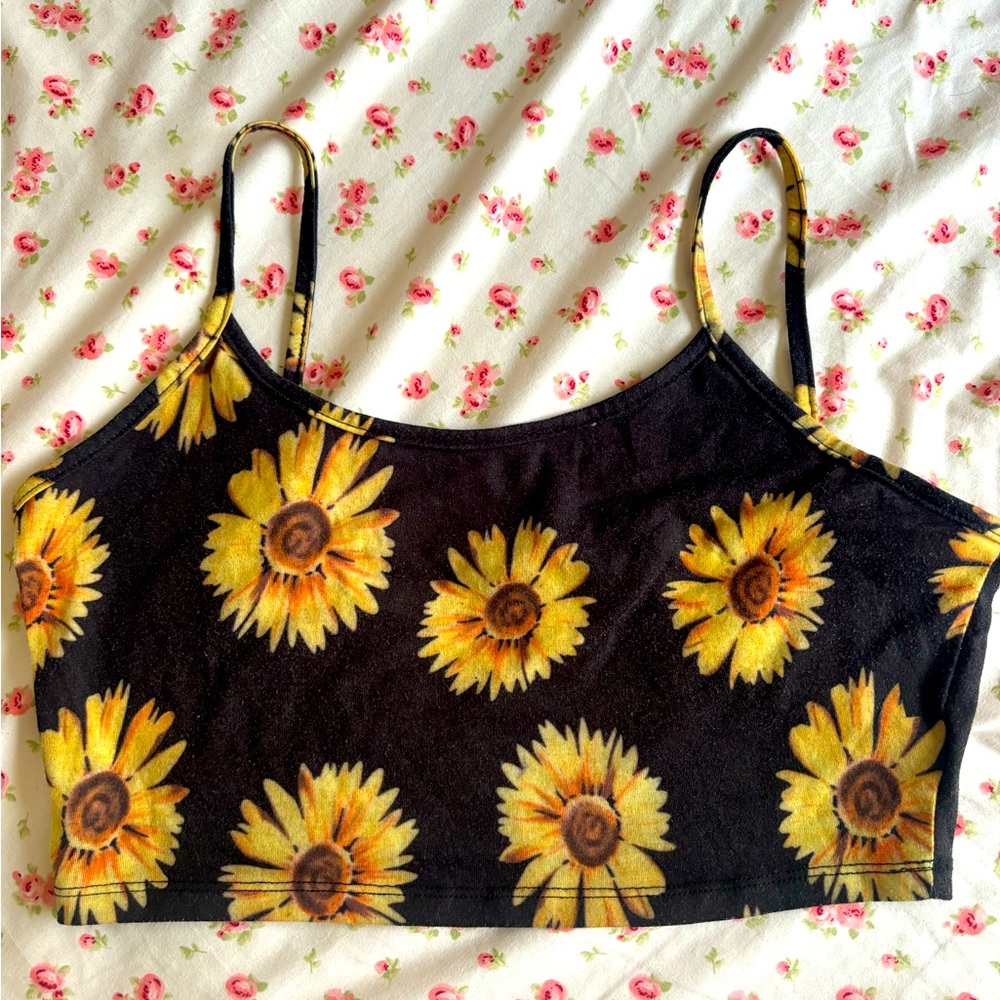 Cropped Black Tank with Yellow Flowers